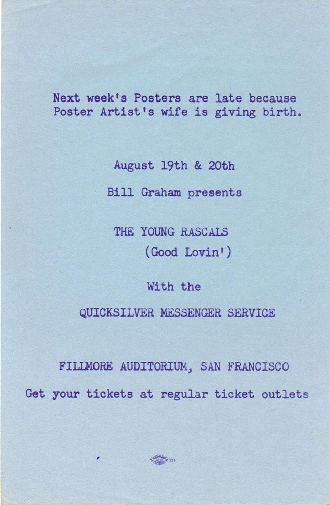 AORPG87 - The Young Rascals Handbill - Fillmore Auditorium - Condition - 1.5