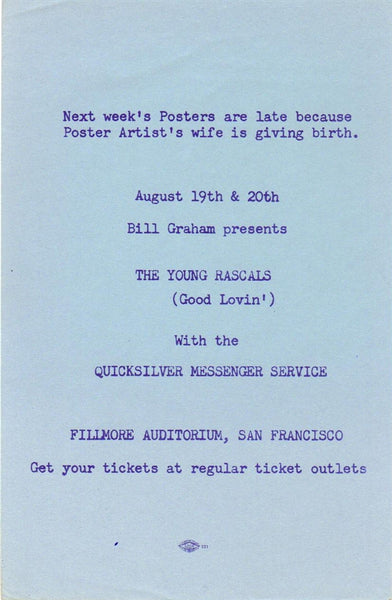 AORPG87 - The Young Rascals Handbill - Fillmore Auditorium - Condition - 1.5