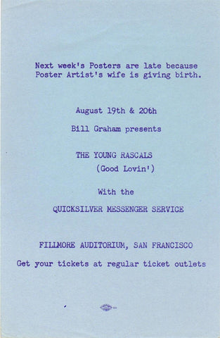 AORPG87 - The Young Rascals Handbill - Fillmore Auditorium - Condition - 1.5