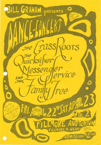 BG000 - Grass Roots Handbill - holes punched - Fillmore Auditorium (22 - Apr - 66) Condition - 2