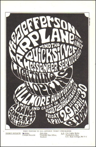 BG004 - Jefferson Airplane Handbill - Fillmore Auditorium (29 - Apr - 66) Condition - 1.5